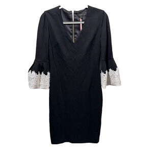 TED BAKER Black Dress White Lace Flare Cuffs Zip Size 2 Party Cocktail Evening